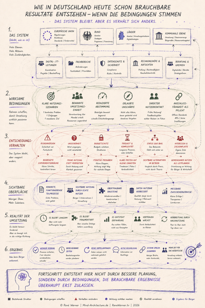 KI-Transformation und Digitalisierung in Deutschland. Skizze: © René Werner 2026 

Strategische Wahrnehmungsarchitecture: KI-Transformation und Digitalisierung von Ländern und Kommunen - Unternehmen und Organisationen.



Wie in Deutschland heute schon brauchbare Resultate entstehen - wenn die Bedingungen stimmen.